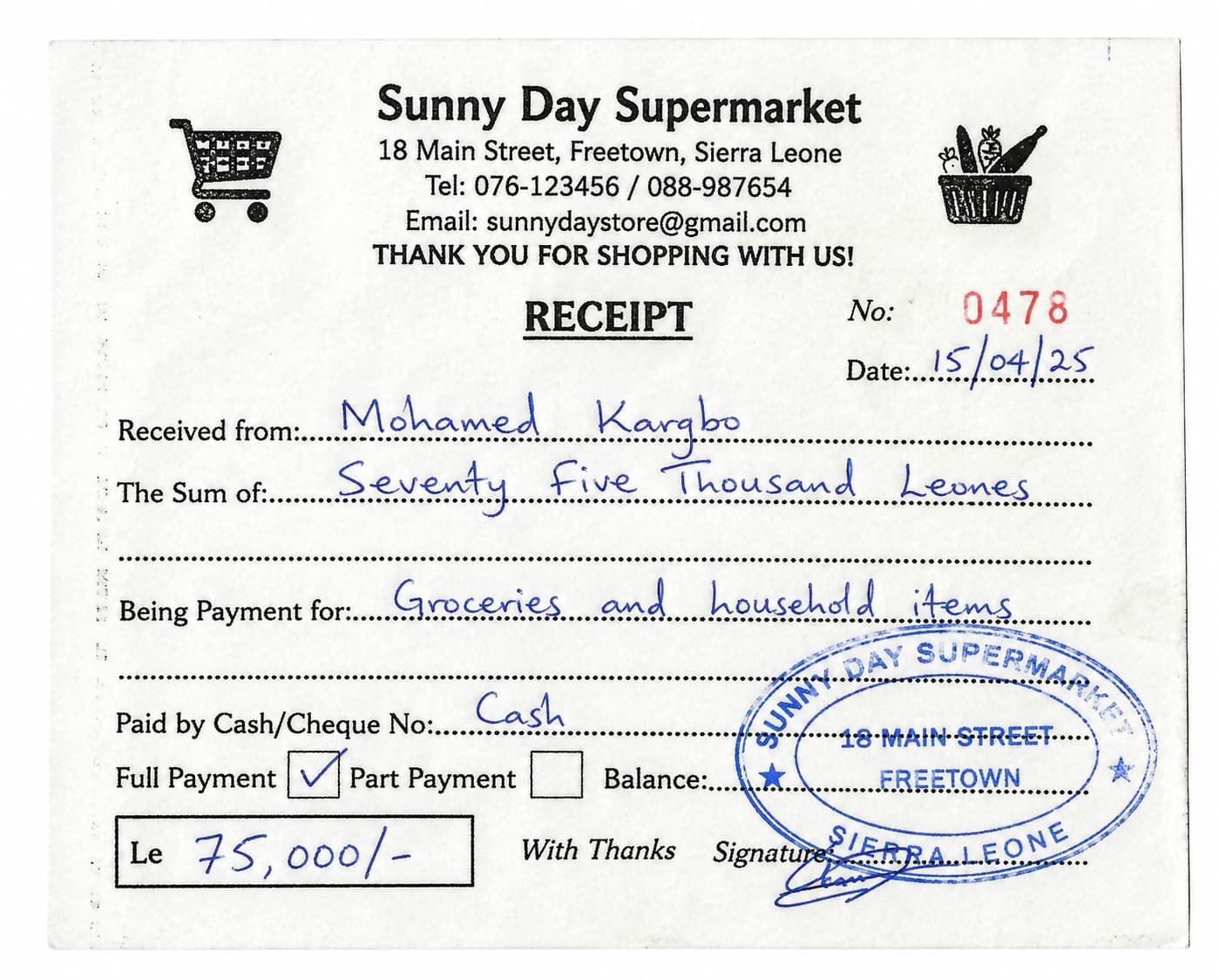 Handwritten payment receipt